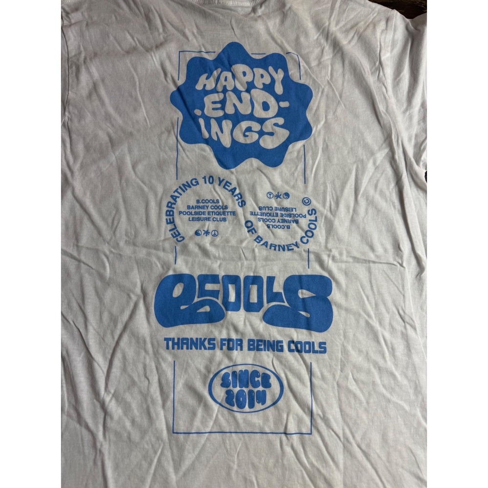 Barney Cools Mens Graphic T-Shirt White Blue Happy Endings 10 Year Anniversary M